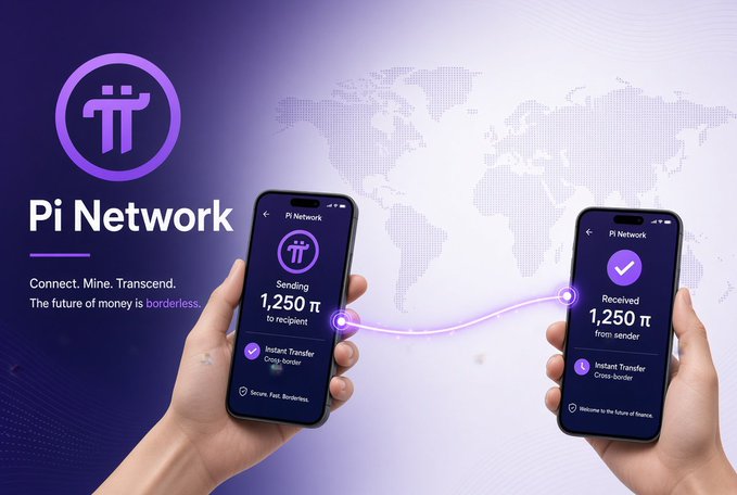 Promotional graphic for 'Pi Network' featuring two smartphones displaying a Pi transfer of '1,250 π' against a world map background.