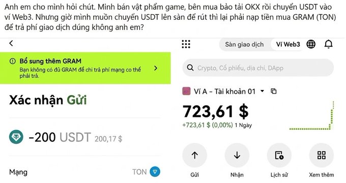 Vietnamese text asks about transferring USDT and needing to buy GRAM (TON) for fees; the UI shows 'Xác nhận Gửi -200 USDT' on TON network and a wallet balance of 723,61$.