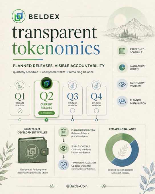 An infographic for "BELDEX" titled "transparent tokenomics" displaying a quarterly release schedule (Q1-Q4), an ecosystem development wallet, planned distribution details, and a remaining balance tracker.