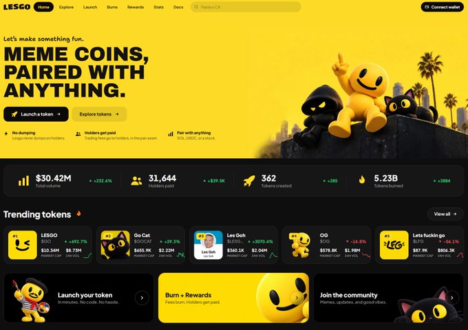 A screenshot of the LESGO crypto meme coin platform homepage with the headline 'MEME COINS, PAIED WITH ANYTHING,' showing trending tokens including LESGO, Go Cat, Les Goh, and Lets fuckin go, with statistics like $30.42M total volume and 31,644 holders paid.