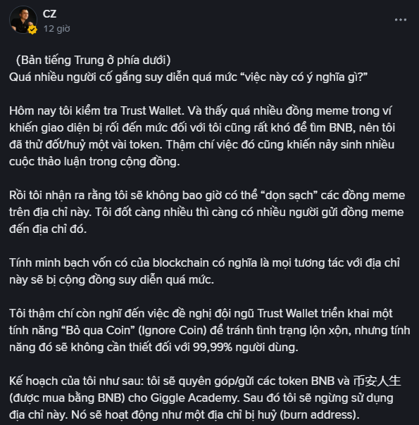 A Facebook/social media post in Vietnamese by 'CZ' (Changpeng Zhao) discussing Trust Wallet, BNB tokens, and plans to burn his address, mentioning Giggle Academy.