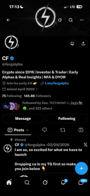 A mobile screenshot of the X (formerly Twitter) profile for user '@fergalpha' with the display name 'CF', showing a bio that includes 'Crypto since 2016' and a pinned post about an upcoming launch.