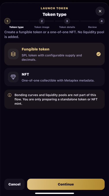 A mobile app screen titled 'LAUNCH TOKEN' showing a 'Token type' selection menu with 'Fungible token' chosen for creating an SPL token.
