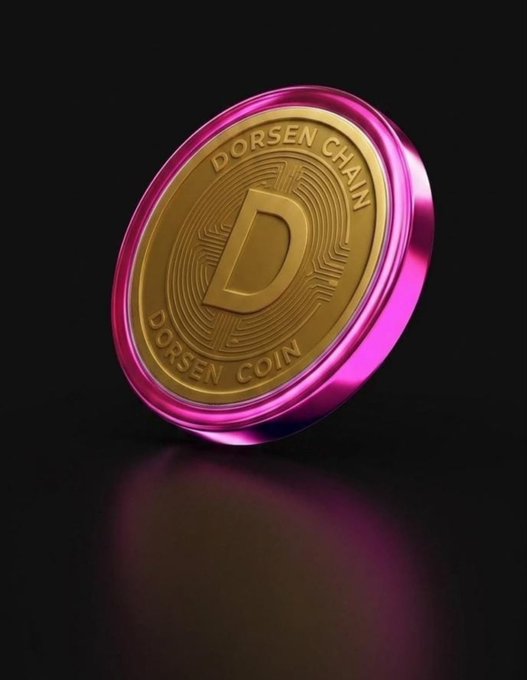 A 3D-rendered gold coin with a pink rim featuring the text 'DORSEN CHAIN' and 'DORSEN COIN' around a central 'D' logo, set against a black background.