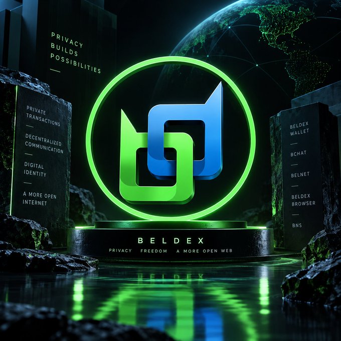 A promotional graphic for BELDEX features a green and blue logo with the tagline 'PRIVACY FREEDOM A MORE OPEN WEB,' highlighting features like Beldex Wallet, BChat, BelNet, and Beldex Browser.