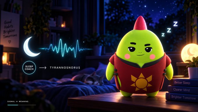 A cute green cartoon dinosaur-like character in a red hoodie with a sun design sleeps on a wooden table, with text including 'SLEEP COACH', 'TYRANNOSORUS', 'Good Habits Brighter Tomorrows', 'Better Sleep Clearer Mind Brighter Tomorrow', and 'SIGNAL → MEANING'.