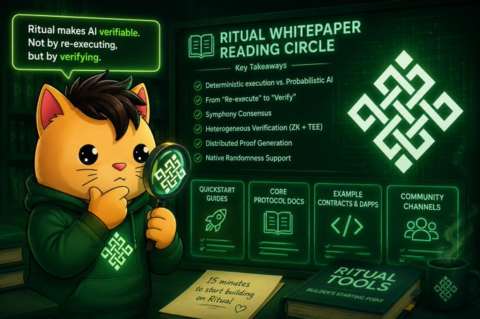 An illustrated promotional graphic for 'Ritual Whitepaper Reading Circle' featuring a cat mascot with a magnifying glass, listing key takeaways including Deterministic execution, Symphony Consensus, and Heterogeneous Verification.