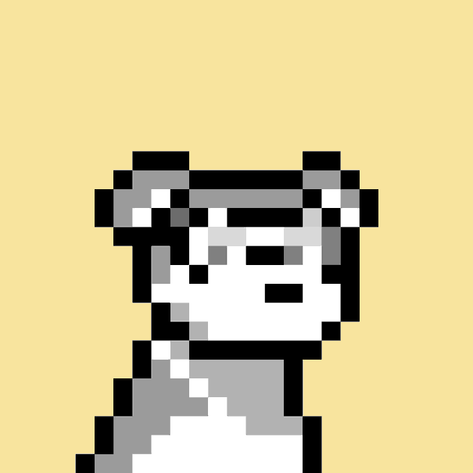 A pixelated grayscale illustration of a bear-like creature wearing glasses against a yellow background.