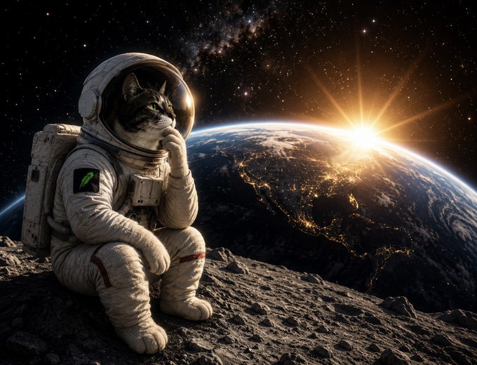 A cat in a spacesuit sits contemplatively on a rocky lunar surface, gazing toward Earth as the sun rises over the planet's horizon, symbolizing a new day and new opportunities for bullish market momentum.