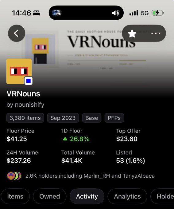 The image shows the OpenSea NFT collection page for "VRNouns" by nounishify on the Base network, displaying 3,380 items with a floor price of $41.25, up 26.8%, and a 24H volume of $237.26. The post's bullish claim of reaching a $1M market cap is referenced to the collection's current metrics, positioning the modest $41.4K total volume and low 1.6% listed supply as room for significant growth.