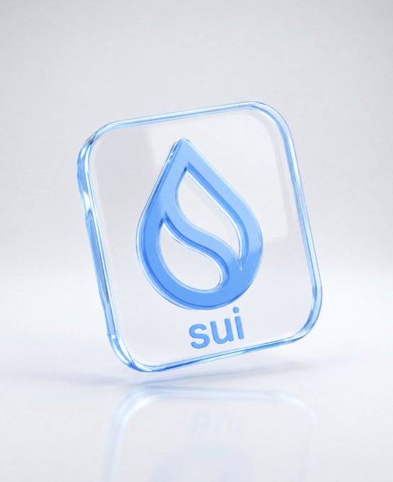A 3D rendering of a translucent blue square Sui cryptocurrency logo icon displayed on a reflective surface.