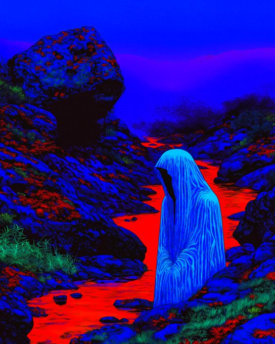 A vibrant, stylized digital artwork showing a glowing blue, hooded ghost-like figure standing in a stream of bright red liquid, surrounded by dark blue and red rocky terrain under a deep blue sky.