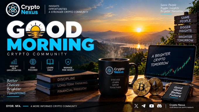 A promotional graphic for 'Crypto Nexus' featuring a 'GOOD MORNING' headline, images of a coffee mug, books, a laptop, and cryptocurrency coins against a sunset mountain landscape.