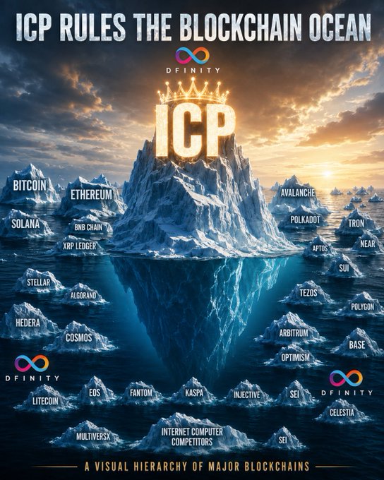A dramatic infographic titled "ICP RULES THE BLOCKCHAIN OCEAN" depicts ICP (Internet Computer) as a massive, crowned iceberg towering above smaller icebergs labeled with competitor blockchains like Bitcoin, Ethereum, Solana, Avalanche, Polkadot, and dozens of others, visually asserting ICP's dominance. The DFINITY logo appears multiple times, reinforcing the promotional nature of the post's "$ICP" endorsement by framing the token as the supreme ruler of the blockchain space.