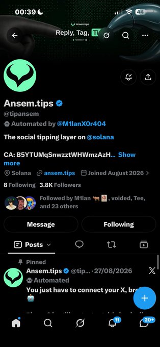 A Twitter/X profile page for the automated account "Ansem.tips" (@tipansem) with a green alien logo, described as 'The social tipping layer on @solana' with 3.8K followers.