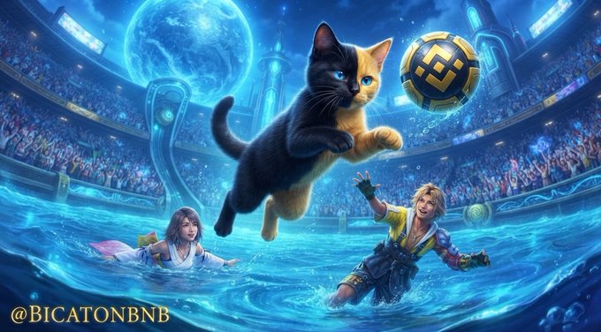 A digital artwork featuring a calico cat jumping to head a BNB-branded soccer ball, with two anime-style characters swimming below in a stadium setting, signed '@BICATONBNB'.