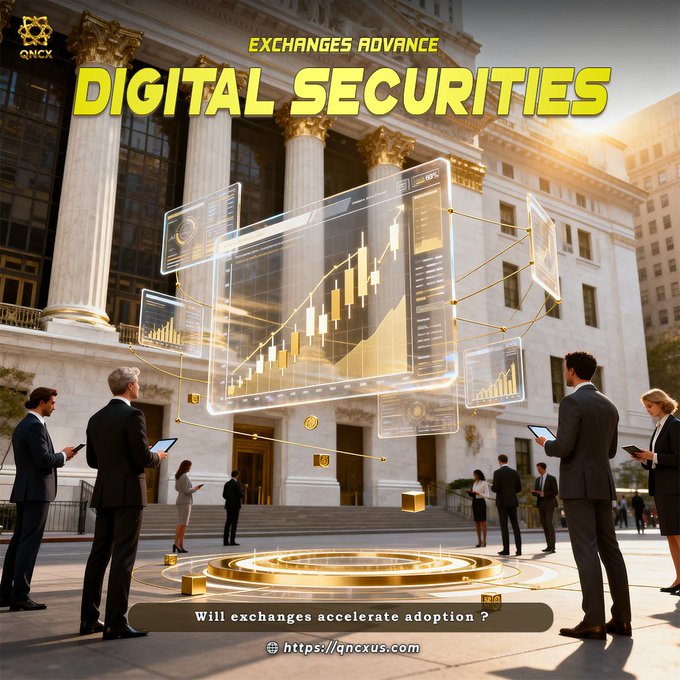 Business professionals gather before a classical building with golden columns, examining holographic candlestick charts and digital trading interfaces that visualize the shift toward tokenized securities and blockchain-based settlement in capital markets. The overlaid text reads "EXCHANGES ADVANCE DIGITAL SECURITIES" alongside the question "Will exchanges accelerate adoption?" and the website "https://qncxus.com," reinforcing the post's theme of digital asset adoption in traditional finance.