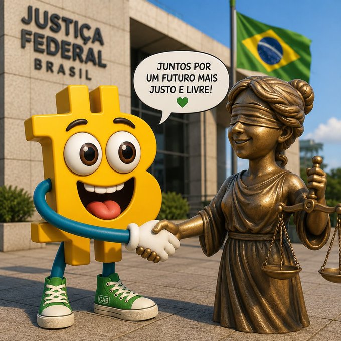 A Bitcoin mascot character wearing green CABI sneakers shaking hands with a bronze Lady Justice statue in front of a 'JUSTIÇA FEDERAL BRASIL' building with a Brazilian flag, with a speech bubble reading 'JUNTOS POR UM FUTURO MAIS JUSTO E LIVRE!'