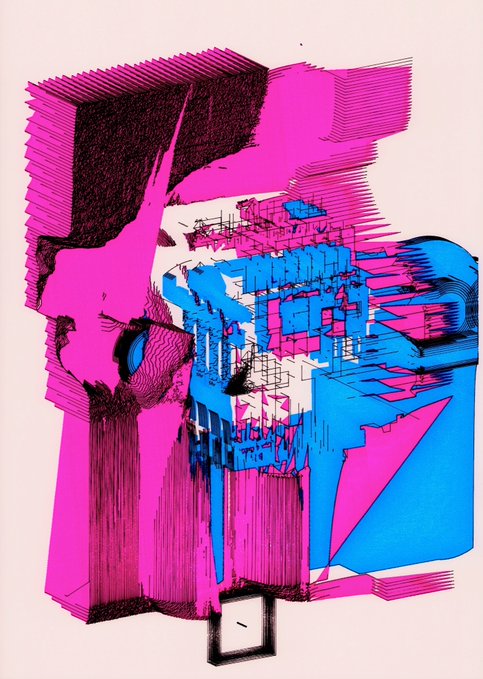An abstract 3D-style digital illustration featuring geometric shapes in vibrant magenta/pink and cyan blue with crosshatching patterns.