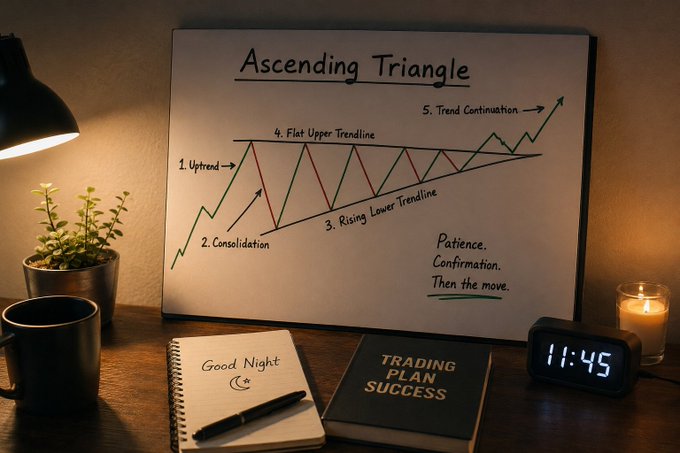 A whiteboard diagram explaining the 'Ascending Triangle' trading pattern with five labeled steps (Uptrend, Consolidation, Rising Lower Trendline, Flat Upper Trendline, Trend Continuation), accompanied by a notebook labeled 'TRADING PLAN SUCCESS', a 'Good Night' notepad, and a clock showing 11:45.
