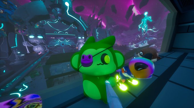 A green alien-like character and a rainbow bird character stand in a vibrant sci-fi environment with floating debris and glowing blue structures.