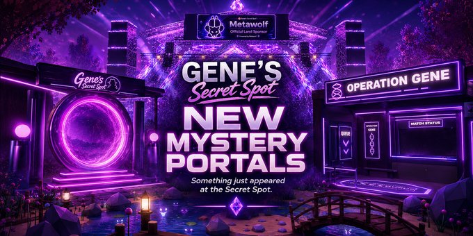 Promotional banner for "Gene's Secret Spot: New Mystery Portals" on Metawolf, featuring a neon-lit purple virtual environment with a glowing portal.
