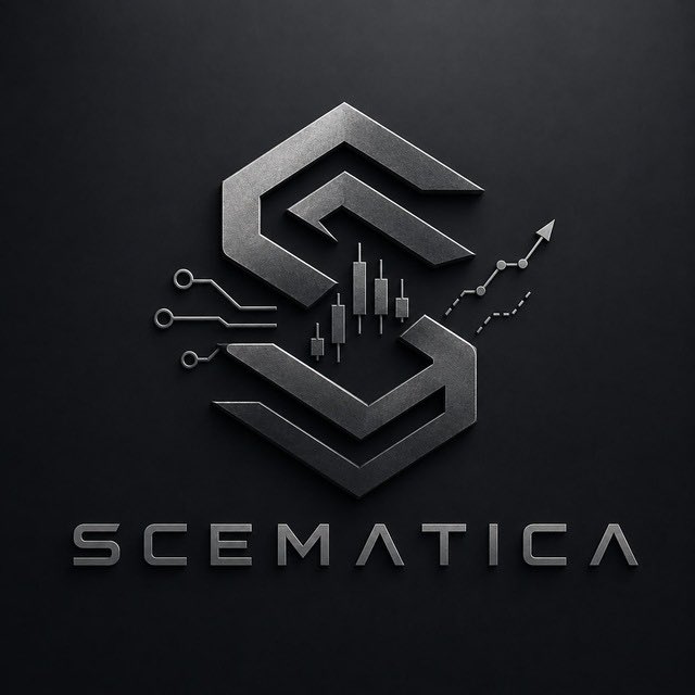 A metallic, futuristic logo design featuring stylized 'S' shapes with integrated candlestick chart elements and an upward-trending arrow, labeled 'SCEMATICA' beneath it on a dark background.