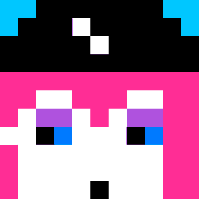 A pixel art character with a pink body, white face, blue eyes, and a black and white cap with blue accents, matching the "Pink with Hat" token description from networked.art's 11x11 token series.