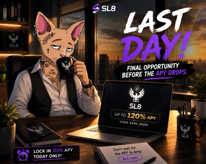 A promotional advertisement for 'SL8' featuring an anthropomorphic, tattooed cat in a vest drinking from a mug, with text reading 'LAST DAY! FINAL OPPORTUNITY BEFORE APY DROPS' and 'UP TO 120% APY'.