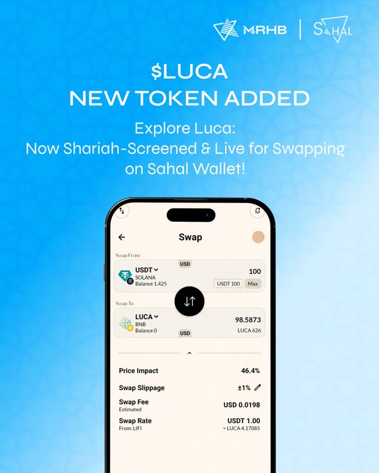 An advertisement for a new cryptocurrency, Lucca, showcases an image of a cell phone displaying some details about the token. The text at the top announces that "New tokens added", while below the main image a description of the Lucca token is provided, indicating its screening process and how it enables swapping in the DeFi ecosystem without compromising on Shariah compliance.