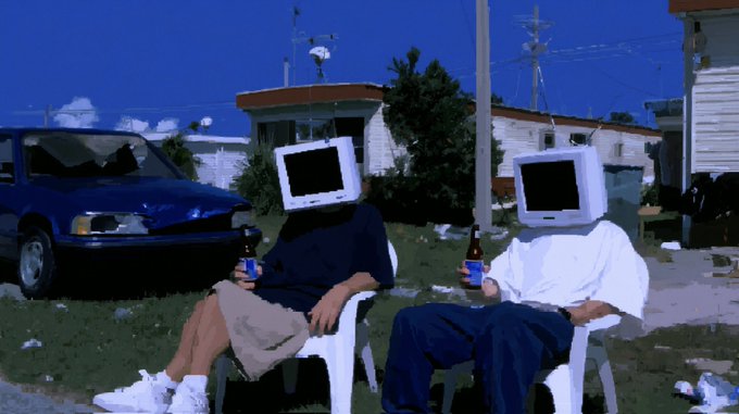 A low-quality photograph of two figures sitting in lawn chairs outdoors with computer monitors for heads, holding beer cans, with a blue car and houses visible in the background.