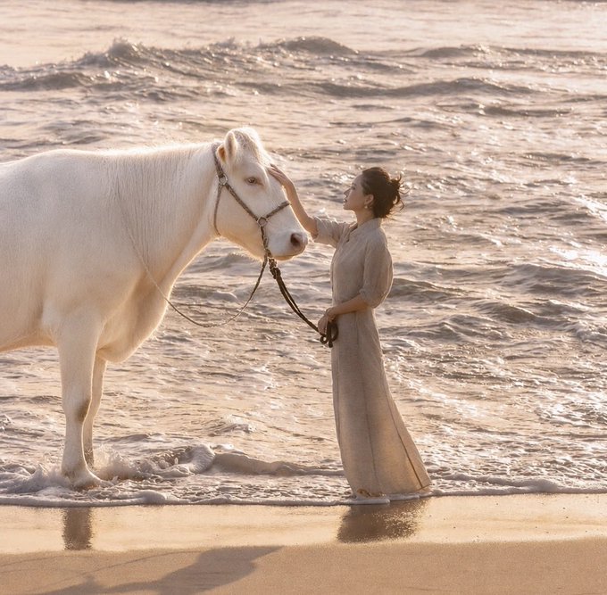 A young woman in a flowing beige linen dress stands barefoot in the surf, gently cradling the face of a white horse by the ocean at golden hour. The serene, ethereal scene evokes the mystical symbolism of the "white bull" (0x426b7b37b9c02e31870536d4c2fbde756d4e4444) referenced in the post, suggesting purity, strength, and a deep spiritual connection.