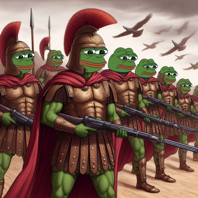 An illustration of Pepe the Frog characters dressed as Roman/Spartan warriors in golden armor with red capes and plumed helmets, standing in formation holding weapons with birds flying overhead.