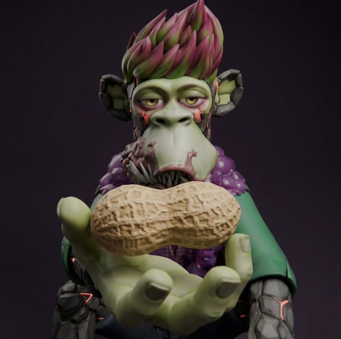 A green-skinned, monkey-like 3D character with vibrant pink and green flame-styled hair, mechanical ears, and a purple beaded necklace holds out a large peanut toward the viewer, fitting the post "Gee M" with the pun on "peanut" and "M" possibly referencing the character M from the Monkey King or similar stylized ape figure.