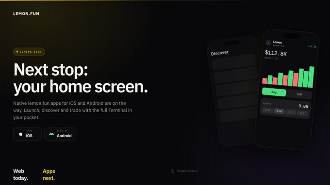 Promotional webpage for 'LEMON.FUN' announcing upcoming iOS and Android apps with the tagline 'Next stop: your home screen,' featuring a phone mockup displaying a $112.8K Lemon balance.