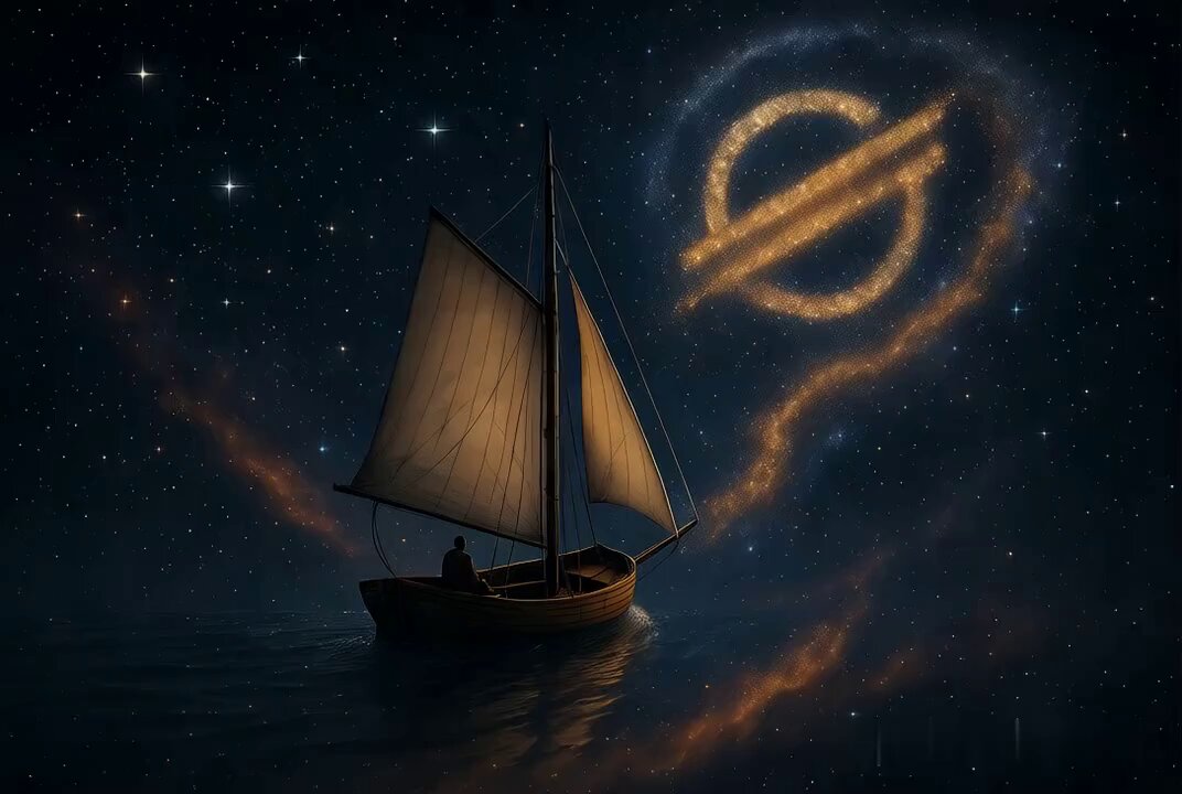 The image features a sailboat floating on water, with a large starry sky above it. In the background of the image, there are stars that appear to be floating or moving towards an institution called the Depository Trust & Clearing Corporation (DTCC). The stars seem to represent the transition from traditional financial markets to tokenized assets and institutional-grade tokens. This shift is expected to occur in the coming years as more institutions adopt tokenization for various purposes, such as asset management, lending, or even as a means of investing.