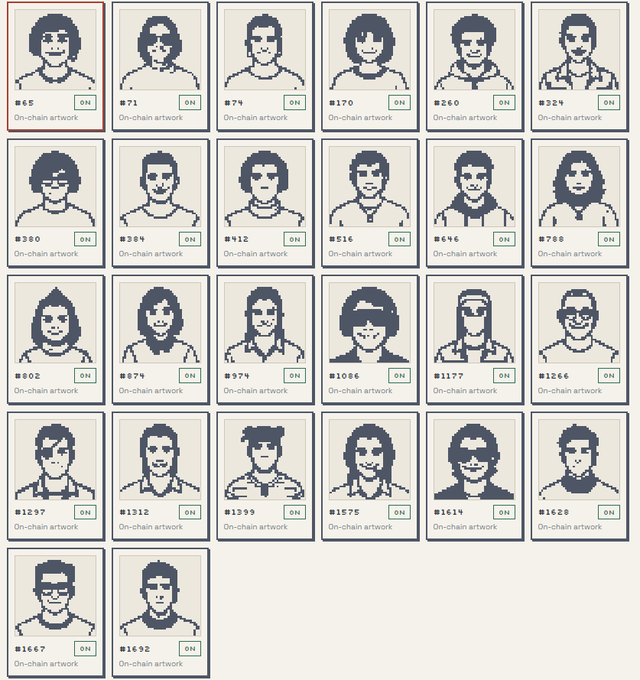 A grid of 20 pixel-art portraits labeled as 'On-chain artwork' with numbers like #65, #71, and #74.