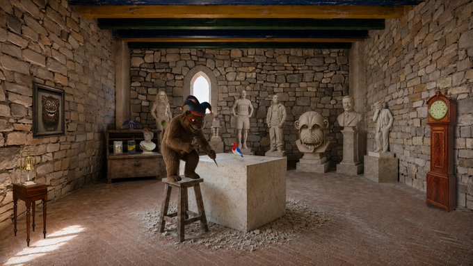 A furry creature with a pig-like snout sculpts a small object on a white pedestal inside a stone workshop filled with various statues, including a grandfather clock and a bust of a bearded man. The image ties to "Brad Gargoylehouse" as a playful visual representation of a whimsical sculptor at work in a gothic-style atelier.