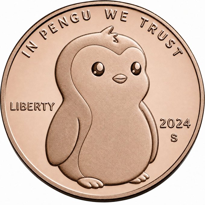 A 2024 S-mint copper penny featuring a cartoon penguin with the inscriptions 'IN PENGU WE TRUST' and 'LIBERTY'.