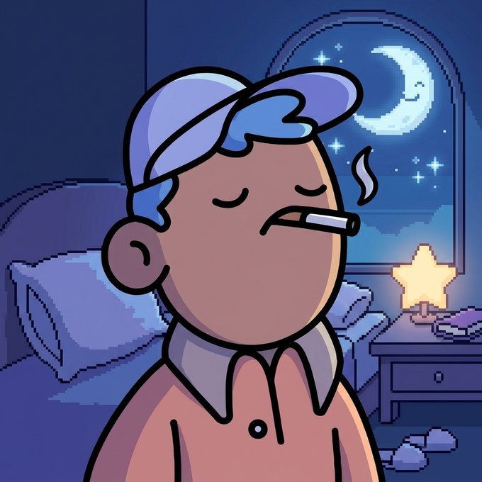 A cartoon illustration of a character with blue hair and a blue cap smoking a cigarette, sitting in a bedroom at night with a crescent moon visible through the window.