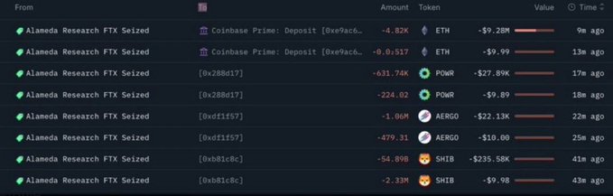 A transaction log showing multiple 'Alameda Research FTX Seized' entries with negative amounts of various tokens including ETH, POWR, AERGO, and SHIB.