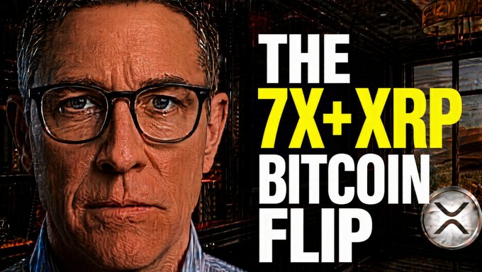 A serious-looking man with glasses appears on the left side of a YouTube thumbnail, while bold text on the right reads "THE 7X+ XRP BITCOIN FLIP," accompanied by the XRP logo, visually promoting the post's themes of an altcoin bull run, XRP overtaking Bitcoin, and a "Clarity Plan."