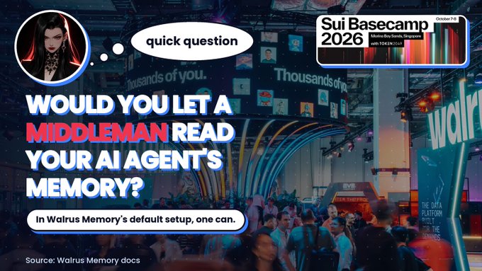A slide from the Sui Basecamp 2026 conference asks 'WOULD YOU LET A MIDDLEMAN READ YOUR AI AGENT'S MEMORY?', noting that 'In Walrus Memory's default setup, one can.'