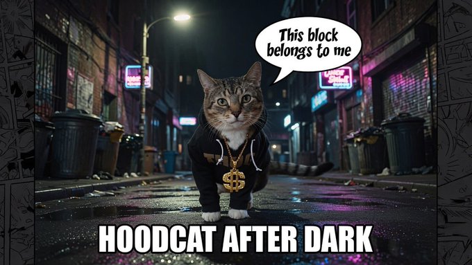The image shows a tough-looking tabby cat wearing a hoodie and a large gold dollar sign chain, standing in a gritty urban alleyway at night, with a speech bubble declaring "This block belongs to me" and bold text below reading "HOODCAT AFTER DARK."

This visually embodies the $HOODCAT meme coin's streetwise, community-driven identity—reinforcing the post's point that the project's strength lies in its culture and shared identity rather than just trading activity, with the cat literally claiming its territory as a metaphor for the community building its own block ahead of launch.