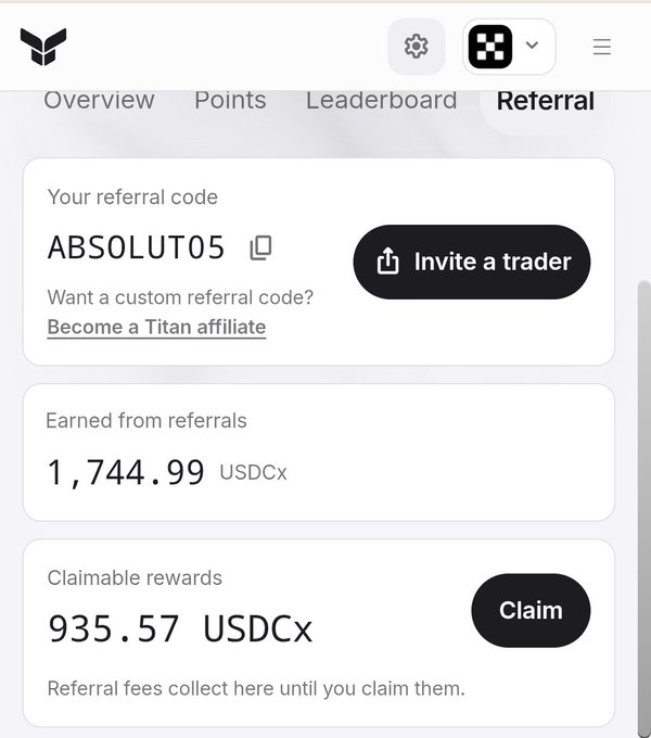 The image shows a Titan Exchange referral dashboard displaying the code "ABSOLUT05" with 1,744.99 USDCx earned from referrals and 935.57 USDCx in claimable rewards, directly matching the post's claim of making 4 figures from referrals and showcasing the access code being shared.