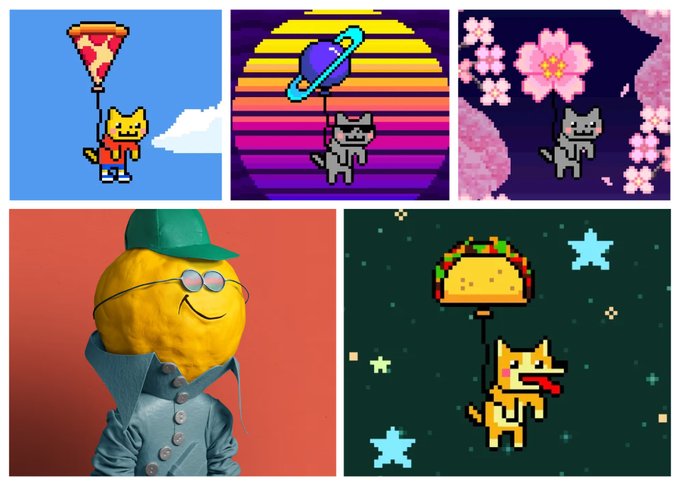 A collage of five crypto/NFT-themed images, including pixel art cats with balloons, a lemon-headed character in a trench coat, and pixel art of a dog holding a taco balloon.
