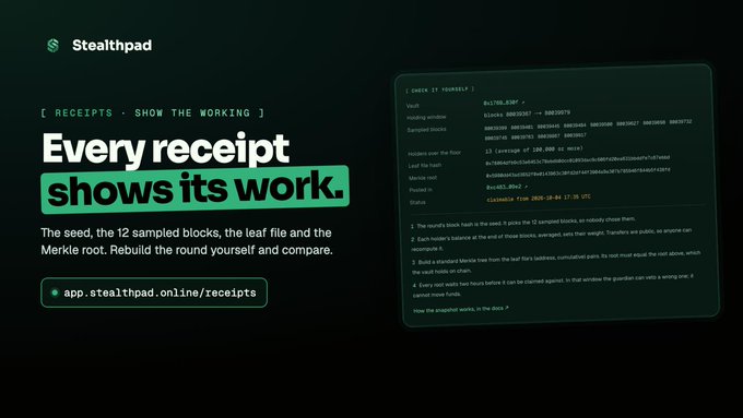 A Stealthpad promotional graphic with the headline 'Every receipt shows its work,' explaining that seed, sampled blocks, and Merkle root can be verified at app.stealthpad.online/receipts, accompanied by a sample receipt code on the right.