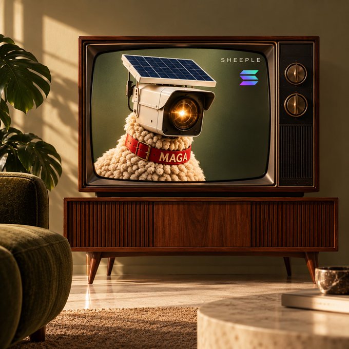 A retro-style scene featuring a vintage television displaying a sheep covered in wool with a security camera for a head, wearing a red collar labeled 'MAGA' with a solar panel, and 'SHEEPLE' text on screen.