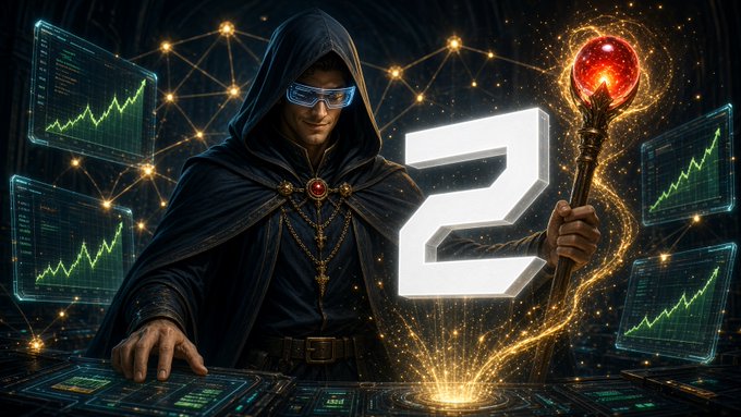 A hooded mage in glowing goggles holds a radiant staff alongside a large white number "2," surrounded by floating holographic charts and constellations, visually echoing the post's reveal of hidden value (the "2" likely symbolizing the starting zaps/multiplier) discovered through Zeru Finance's read-only signature connection.