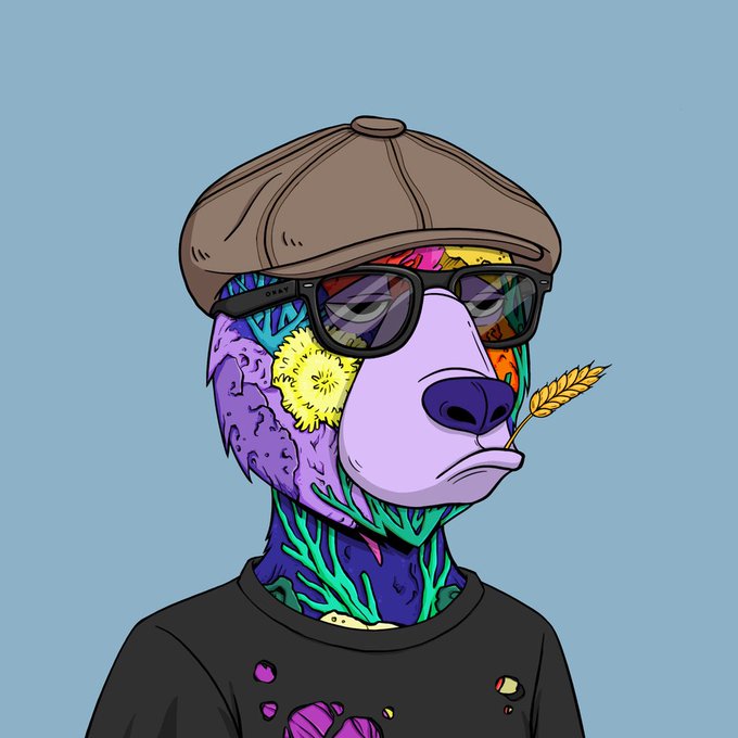 A digital illustration of a bear wearing Oakley sunglasses and a brown flat cap, with colorful coral and floral patterns visible beneath its fur.